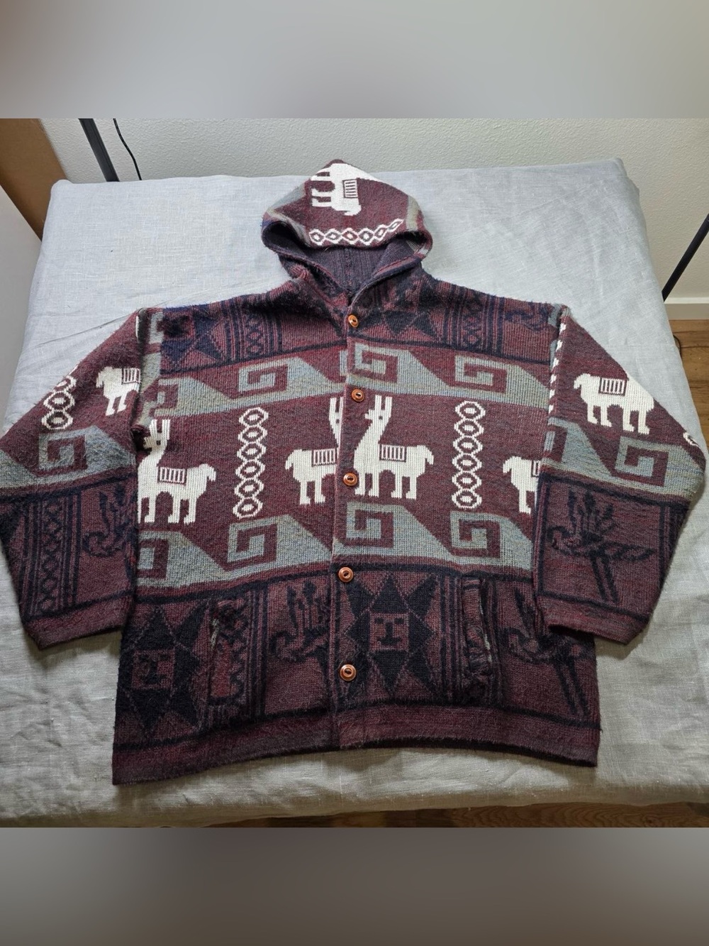 Vintage Tejidos Ruminahui Wool Hooded Sweater Llama Alpaca Knit Jacket